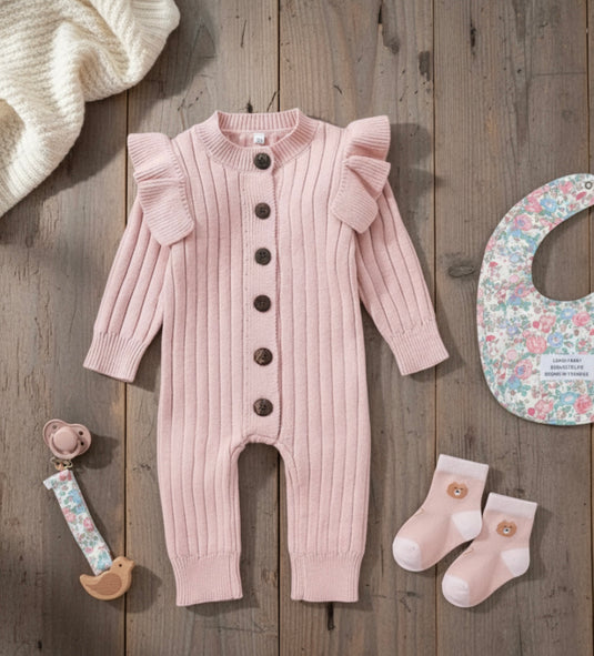Soft Knit Baby Girl Romper – Khaki Lilac
