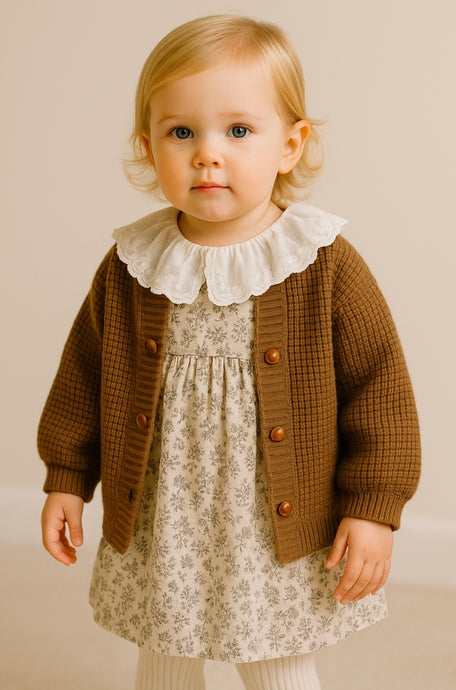 Robe bébé fille à fleurs beiges et bleues – Modèle Kali en coton doux