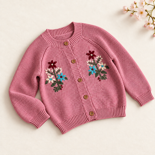 Cardigan fille rose en tricot avec broderies florales - Pré-commande