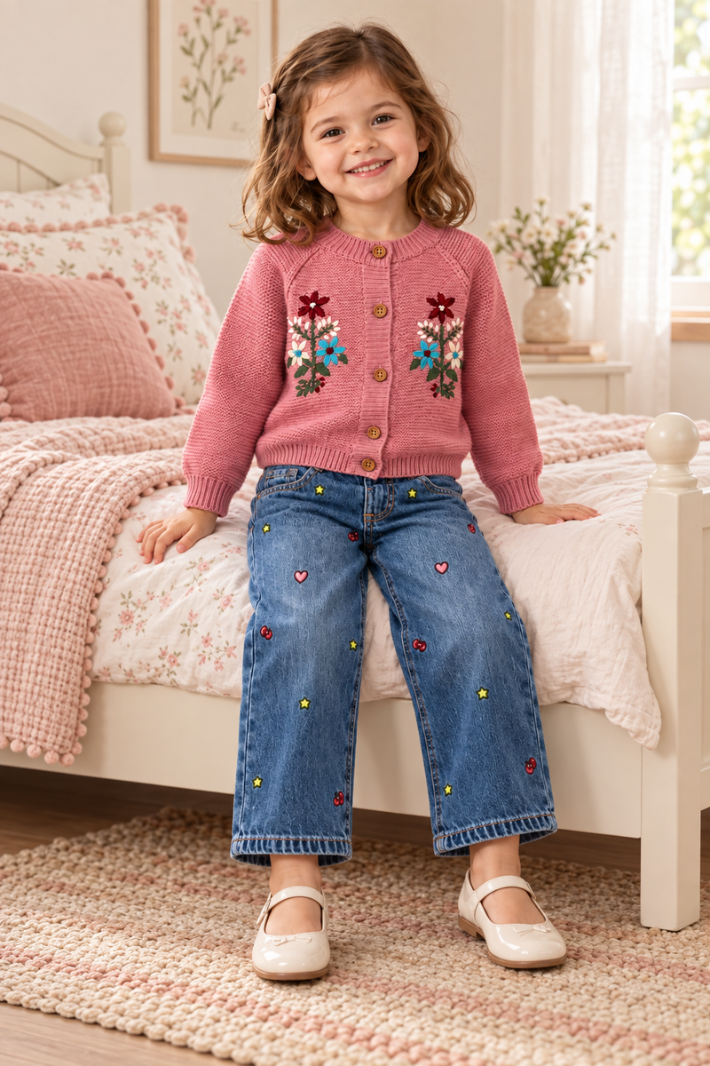 Chargez l'image dans la visionneuse de la galerie, Jeans fille à jambes larges et petits motifs brodés -Pre-commande
