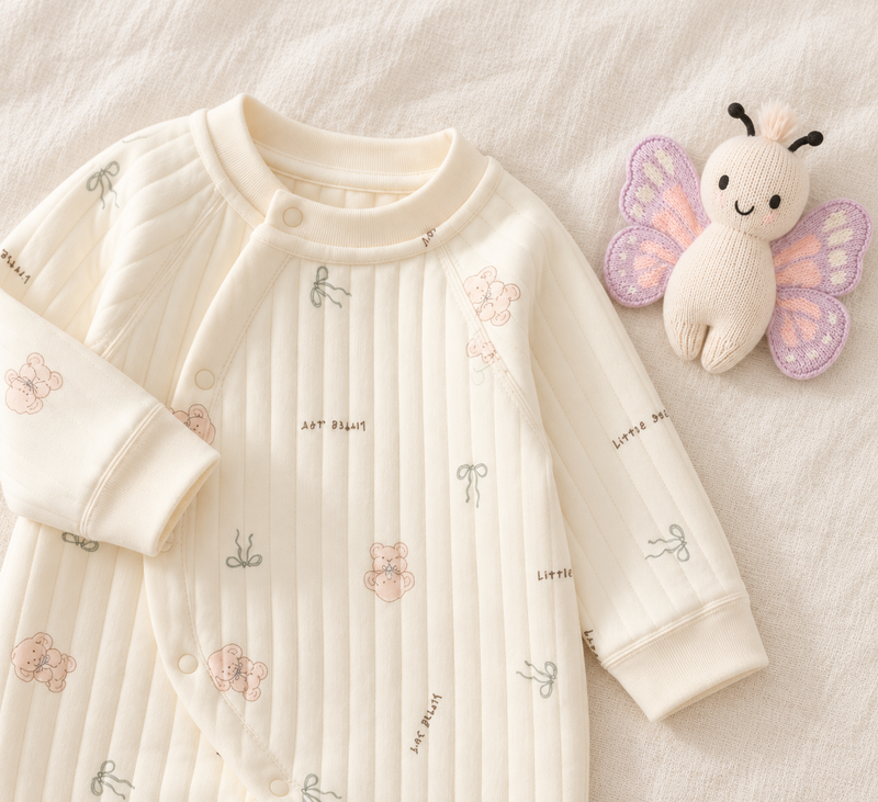 Load image into Gallery viewer, Combinaison bébé matelassée à motifs oursons roses et boucles – Ivoire 🤍 Pre-commande
