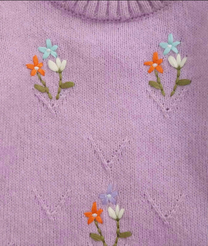 Load image into Gallery viewer, Lilac embroidered soft knit baby girl romper
