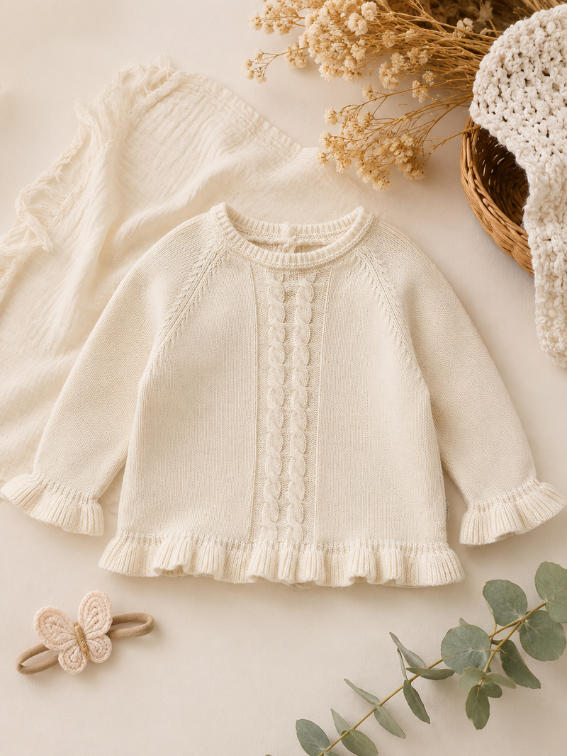 Chargez l'image dans la visionneuse de la galerie, Chandail fille en tricot ivoire avec torsades – Automne-Hiver
