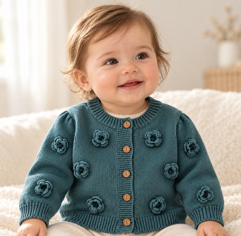 Chargez l'image dans la visionneuse de la galerie, Cardigan bébé fille en tricot de coton à fleurs en relief – Kali 🤍 - Pré-commande
