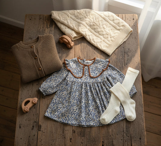 Girls' soft dark blue cotton dress with brown collar – Kali