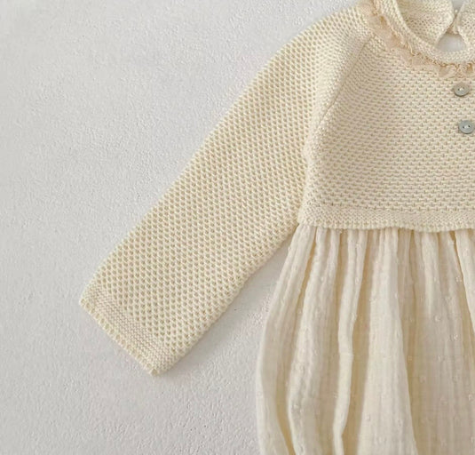 Barboteuse bébé fille en coton et tricot ivoire – Automne-Hiver
