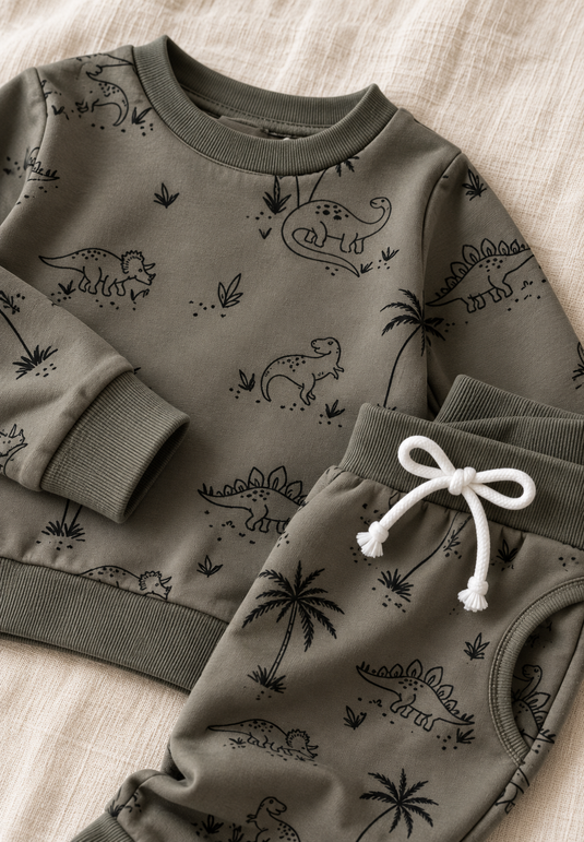 Ensemble deux pièces pour bébé à motifs dinosaures – Kaki - Pré-commande