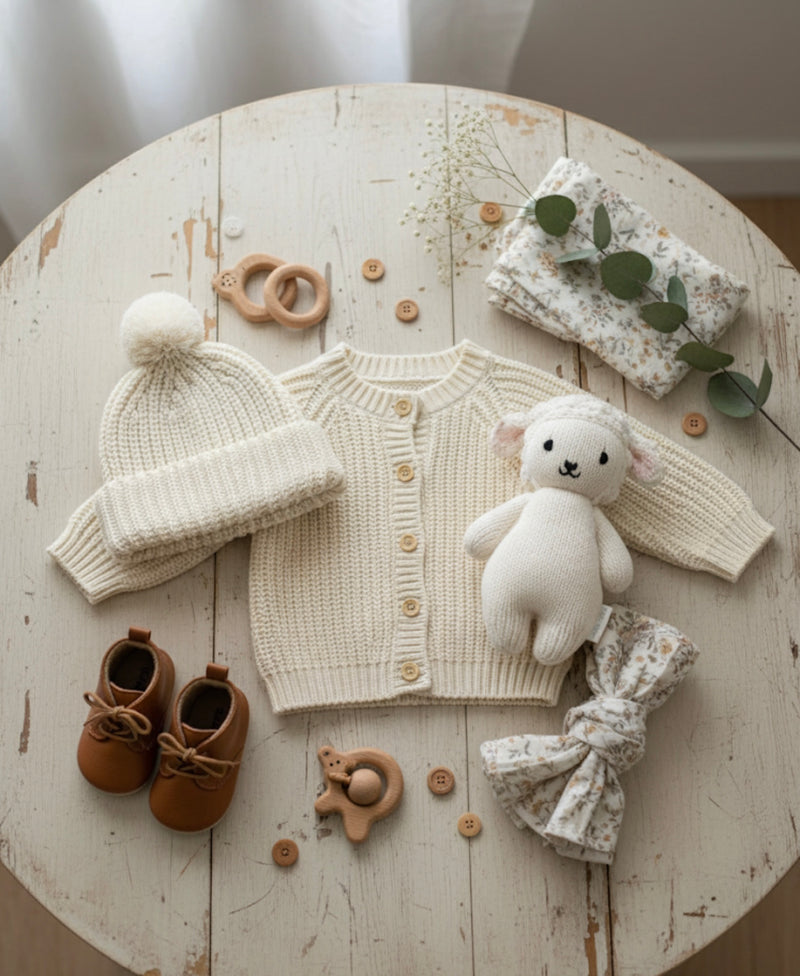 Load image into Gallery viewer, Ivory knit baby hat with soft cotton pom pom – Kali
