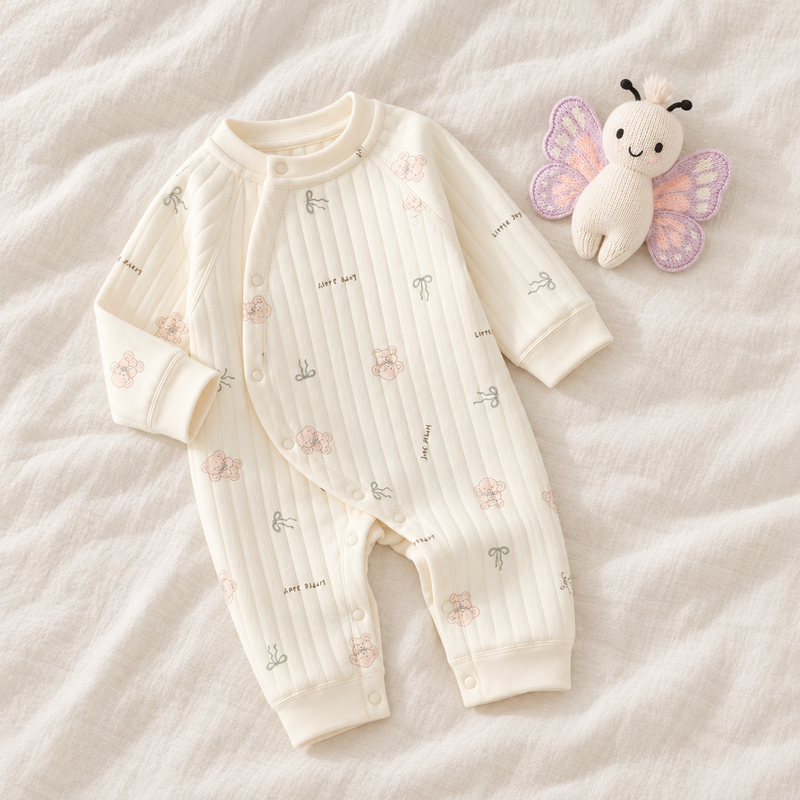 Load image into Gallery viewer, Combinaison bébé matelassée à motifs oursons roses et boucles – Ivoire 🤍 Pre-commande
