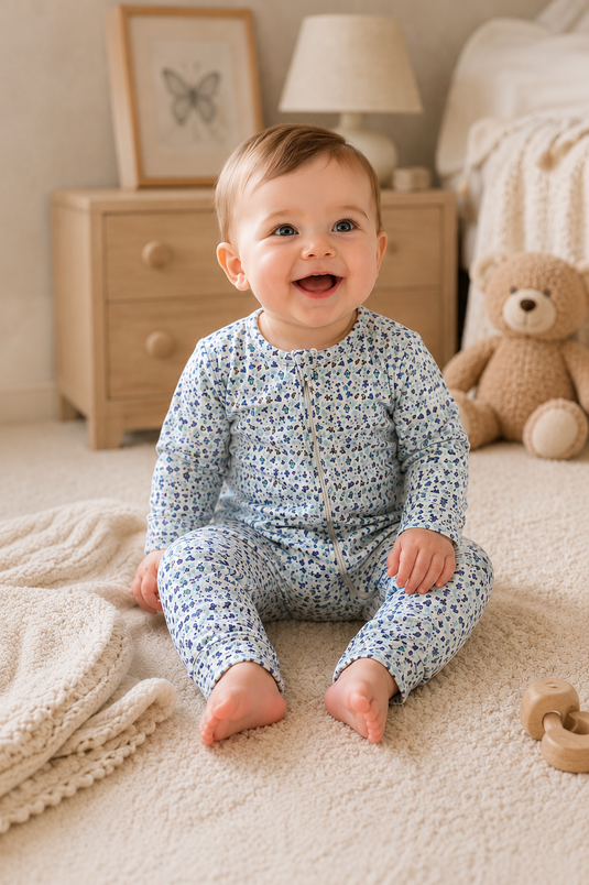 Organic cotton baby boy romper with butterfly dance pattern – Khaki Lilac