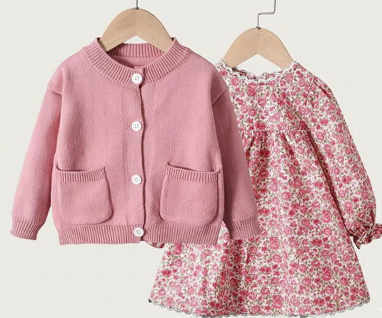 Girls' two-piece floral dress set with soft cardigan – Khaki Lilac