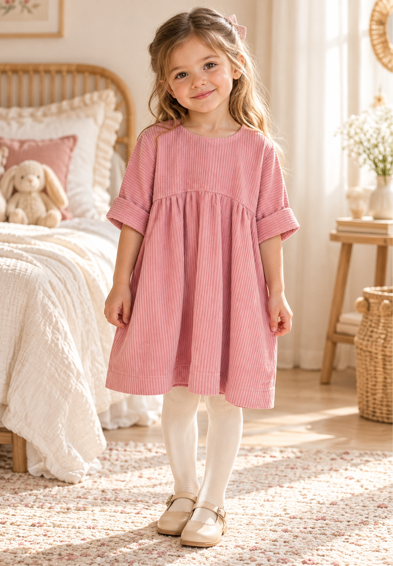 Chargez l'image dans la visionneuse de la galerie, Robe longue pour fille en velours côtelé rose – Kali 🌸 - Pré-commande
