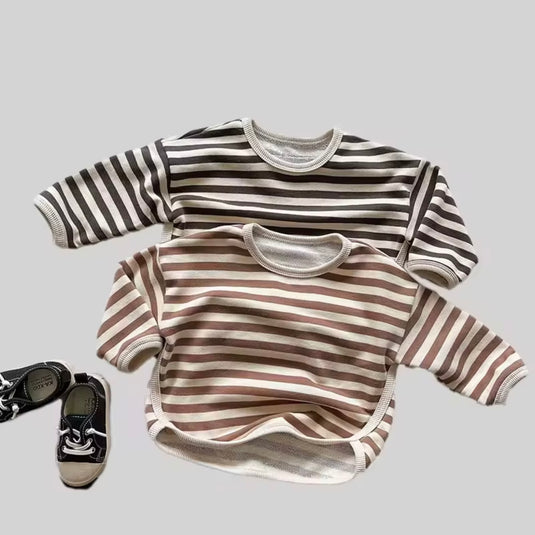 Chandail garçon coton épais rayé confortable– Kaki Lilas
