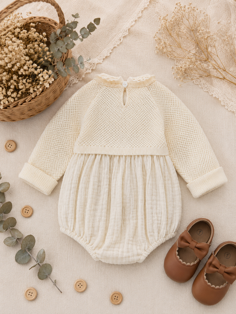 Chargez l'image dans la visionneuse de la galerie, Barboteuse bébé fille en coton et tricot ivoire – Automne-Hiver

