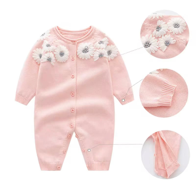 Chargez l&#39;image dans la visionneuse de la galerie, Barboteuse bébé fille en tricot brodé motif floral – Kali
