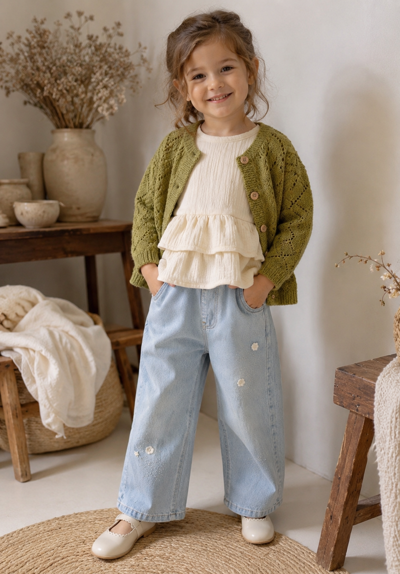 Chargez l'image dans la visionneuse de la galerie, Cardigan olive en tricot ajouré pour bébé et fille – Automne-Hiver
