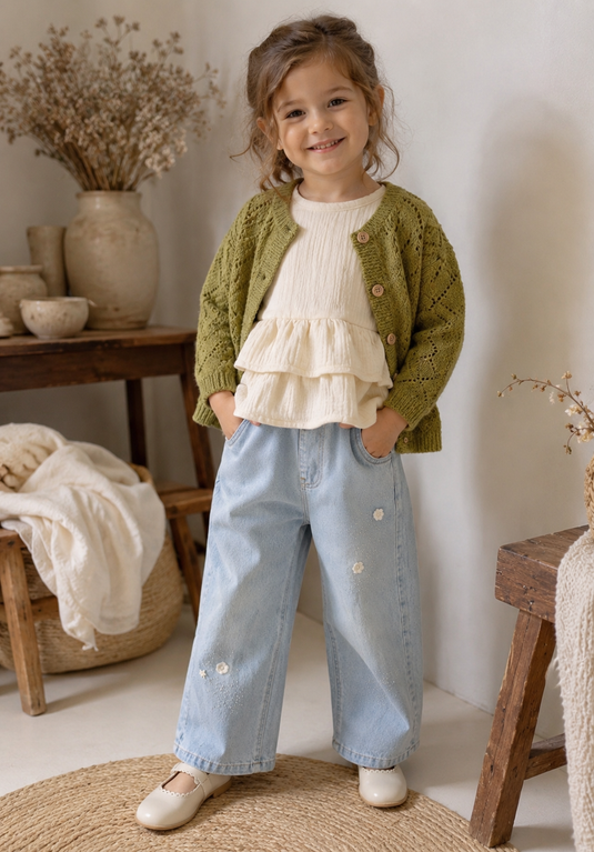 Cardigan olive en tricot ajouré pour bébé et fille – Automne-Hiver