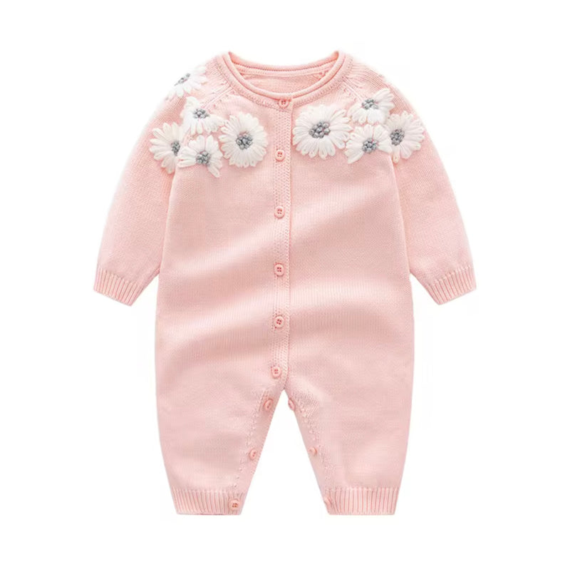 Chargez l'image dans la visionneuse de la galerie, Barboteuse bébé fille en tricot de coton rose brodé motif floral avec bonnet – Kali

