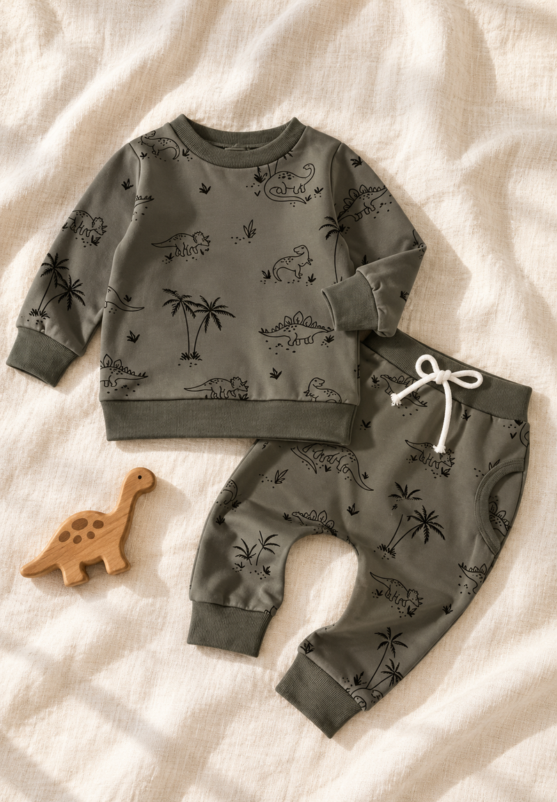 Chargez l'image dans la visionneuse de la galerie, Ensemble deux pièces pour bébé à motifs dinosaures – Kaki - Pré-commande
