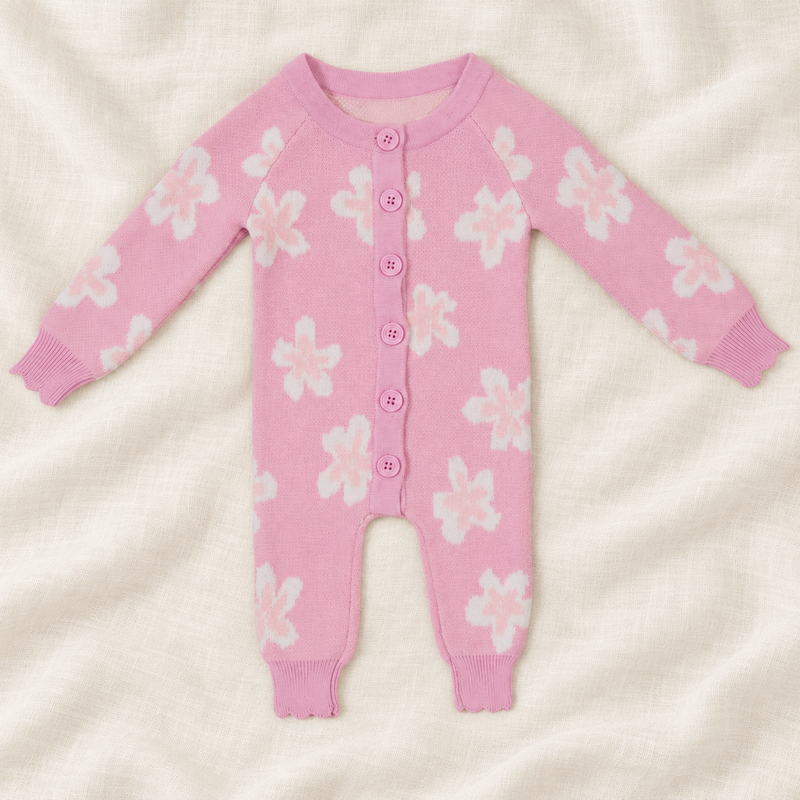 Chargez l'image dans la visionneuse de la galerie, Combinaison bébé fille en tricot rose à motifs floraux et boutons, avec bandeau assorti 🌸 -Pré-commande
