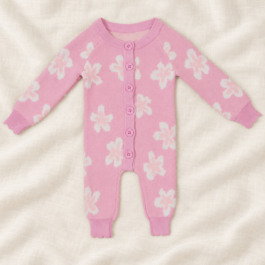 Combinaison bébé fille en tricot rose à motifs floraux et boutons, avec bandeau assorti 🌸 -Pré-commande