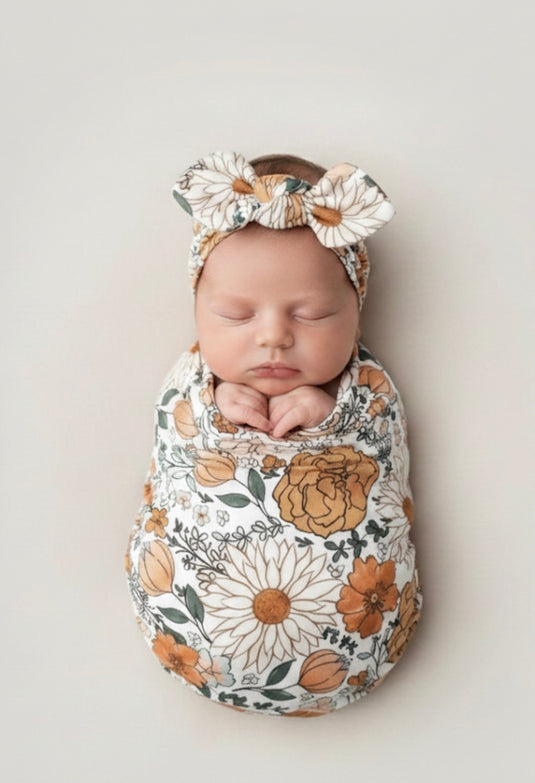 Ensemble cocon naissance bébé en coton – couverture, bonnet et bandeau