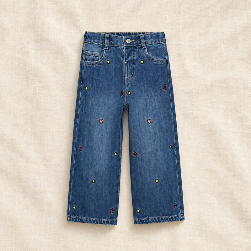 Chargez l'image dans la visionneuse de la galerie, Jeans fille à jambes larges et petits motifs brodés -Pre-commande

