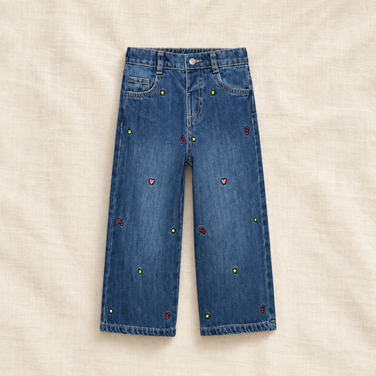 Jeans fille à jambes larges et petits motifs brodés -Pre-commande