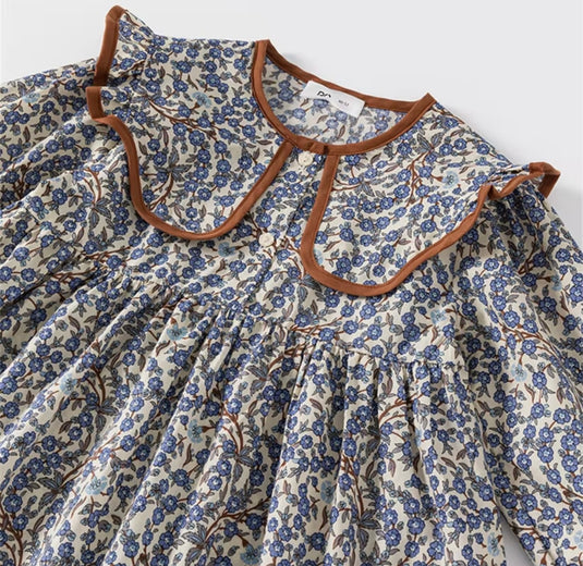 Girls' soft dark blue cotton dress with brown collar – Kali