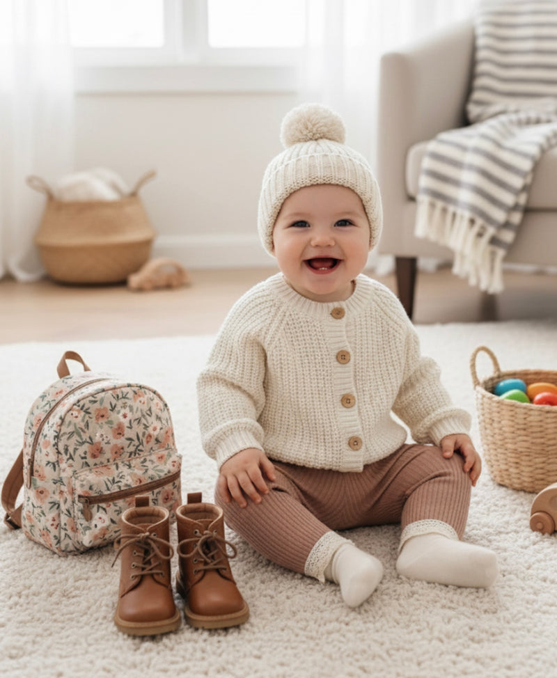 Load image into Gallery viewer, Ivory knit baby hat with soft cotton pom pom – Kali
