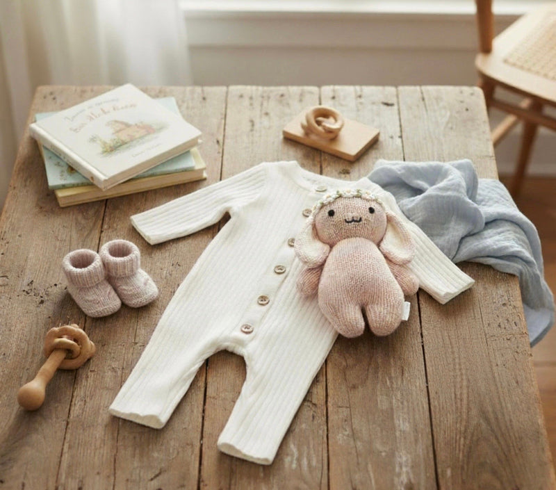 Load image into Gallery viewer, Baby girl's white knitted cotton long-sleeved romper
