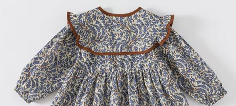 Load image into Gallery viewer, Girls' soft dark blue cotton dress with brown collar – Kali
