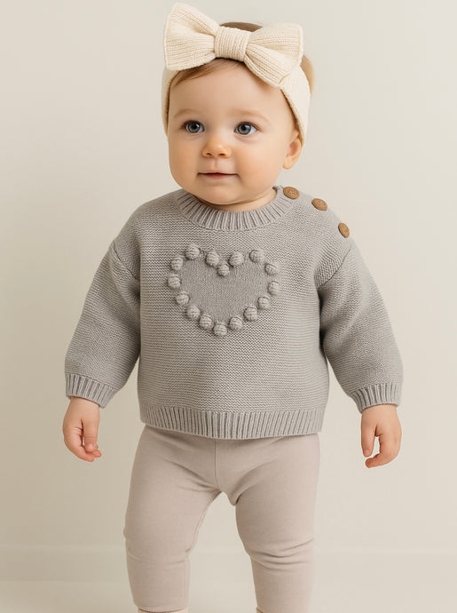 ✨ Pull bébé fille en coton doux avec cœur brodé – Kaki Lilas