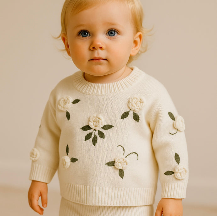 Pull bébé fille en coton avec fleurs brodées à la main – Modèle Kali