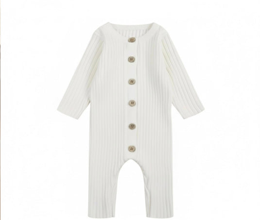 Baby girl's white knitted cotton long-sleeved romper