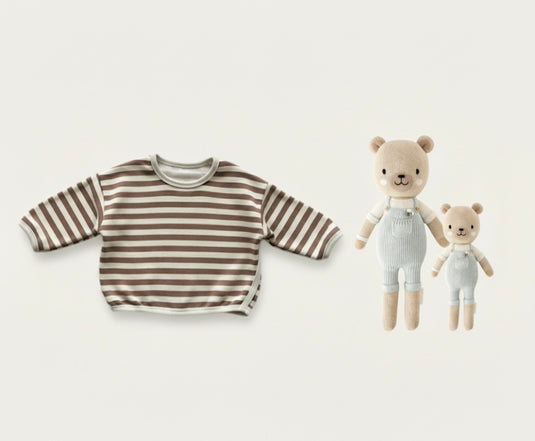Boys' thick cotton sweater with comfortable stripes - Khaki Lilac