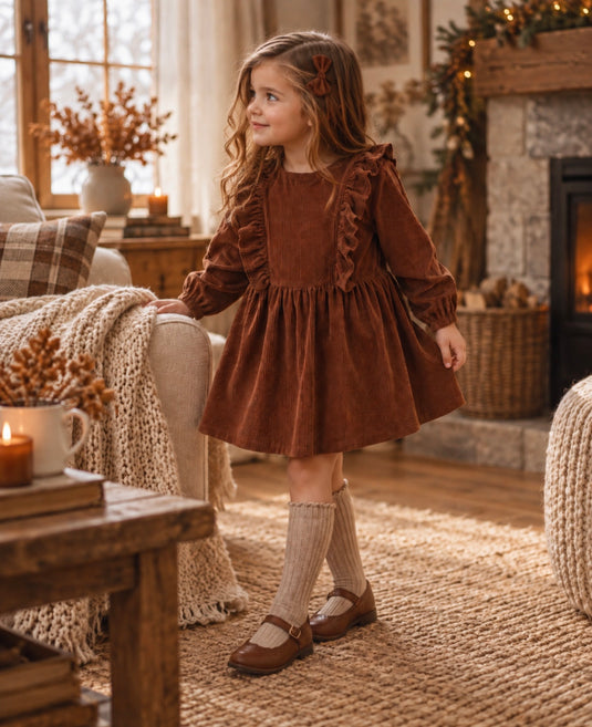 Robe en velours côtelé à volants pour fille – Automne-Hiver