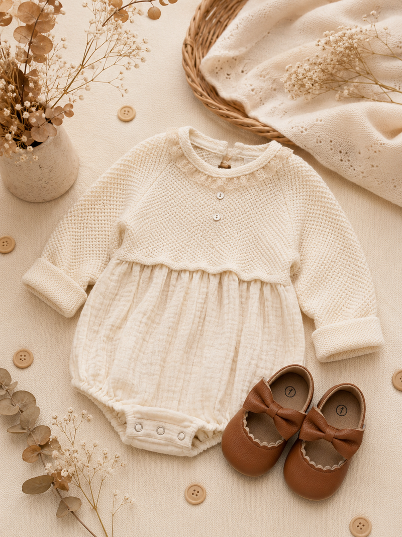 Chargez l'image dans la visionneuse de la galerie, Barboteuse bébé fille en coton et tricot ivoire – Automne-Hiver
