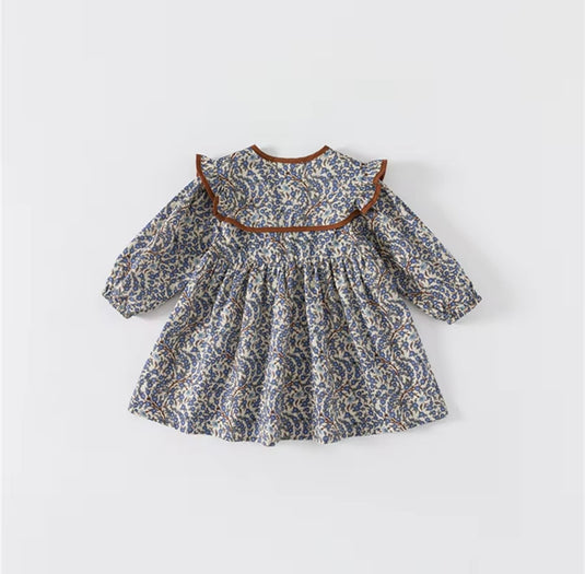 Robe fille bleu foncé avec col brun – Modèle Kali en coton doux