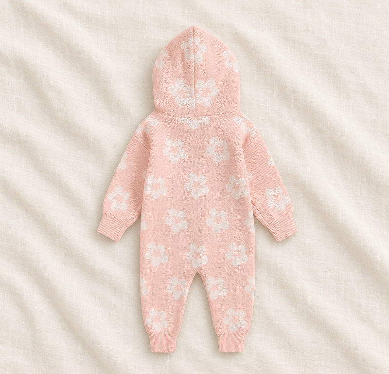 Load image into Gallery viewer, Combinaison bébé fille en tricot à capuche et fermeture éclair – Rose à fleurs ivoire 🌸 - Pré-commande
