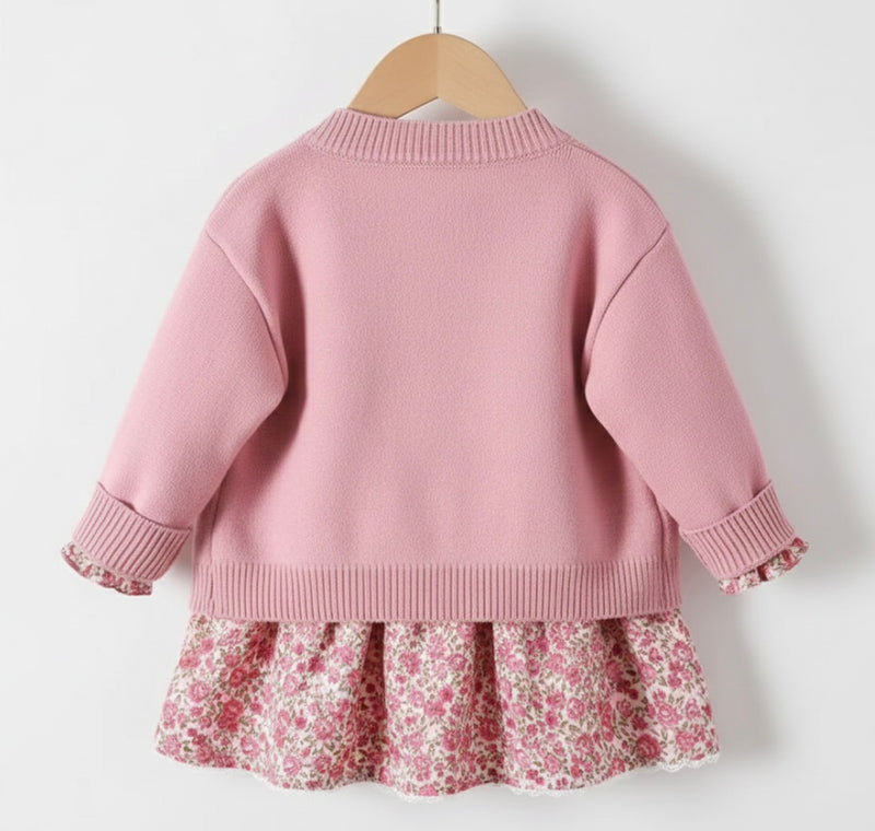 Load image into Gallery viewer, Girls' two-piece floral dress set with soft cardigan – Khaki Lilac
