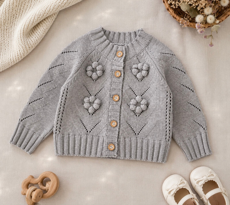 Chargez l'image dans la visionneuse de la galerie, Cardigan Marguerite en tricot gris pour fille – Automne-Hiver

