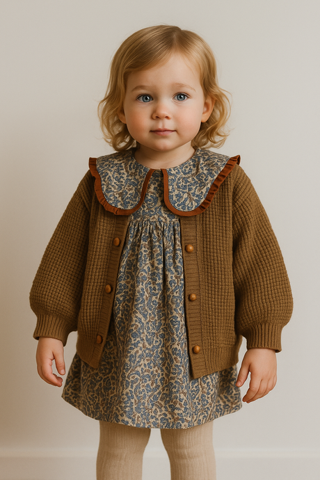 Robe fille bleu foncé avec col brun – Modèle Kali en coton doux