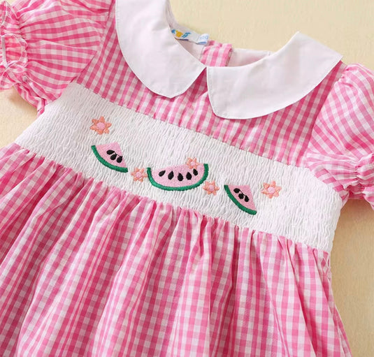 Pink checkered cotton dress for girls