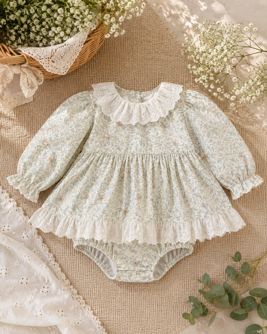 Robe-romper bébé fille à col Claudine avec broderie anglaise – Automne-Hiver