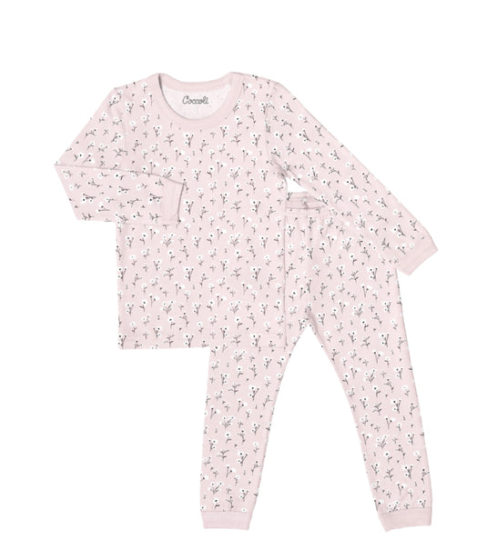 Pyjama fille à rose pâle à fleurs bouton blanc Coccoli