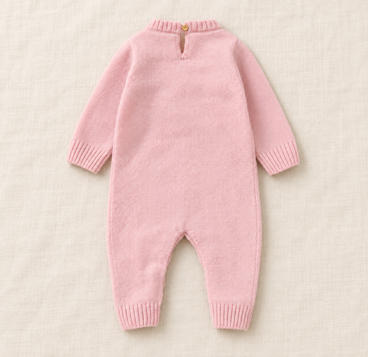 Combinaison bébé fille en tricot rose à broderies florales - Pré-commande