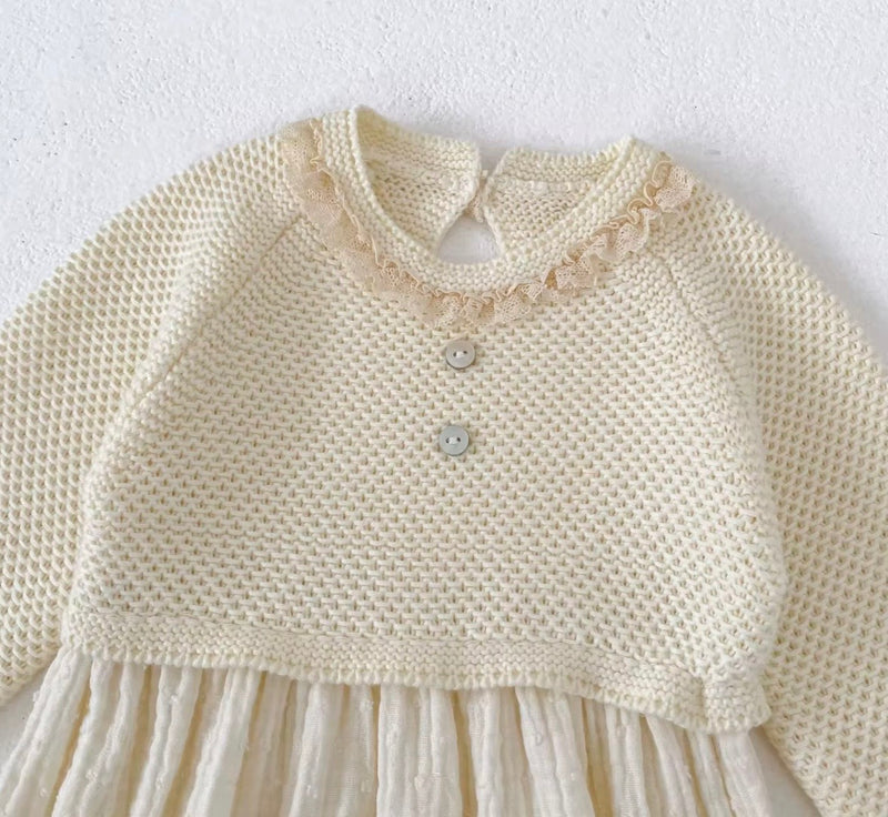 Chargez l'image dans la visionneuse de la galerie, Barboteuse bébé fille en coton et tricot ivoire – Automne-Hiver

