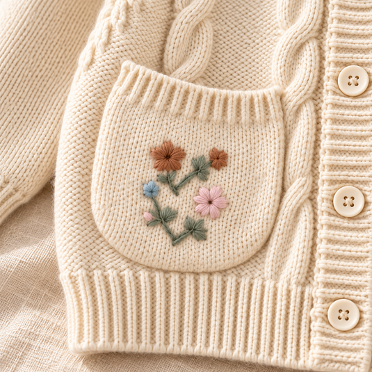 Cardigan fille en tricot ivoire à fleurs brodées - Pré-commande