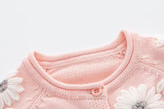 Barboteuse bébé fille en tricot de coton rose brodé motif floral avec bonnet – Kali